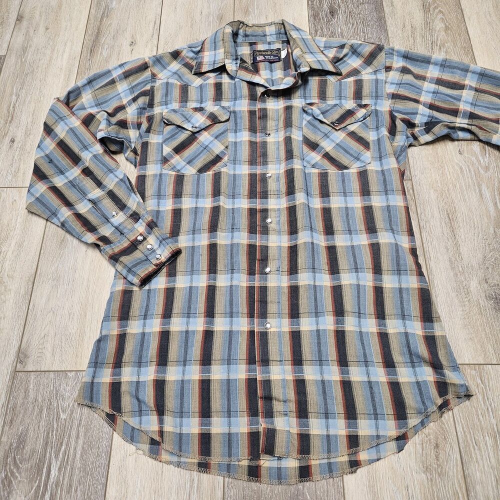 Panhandle Vintage Slim Pearl Snap Blue Plaid Button Up Shirt Mens 15.5/33 Small
